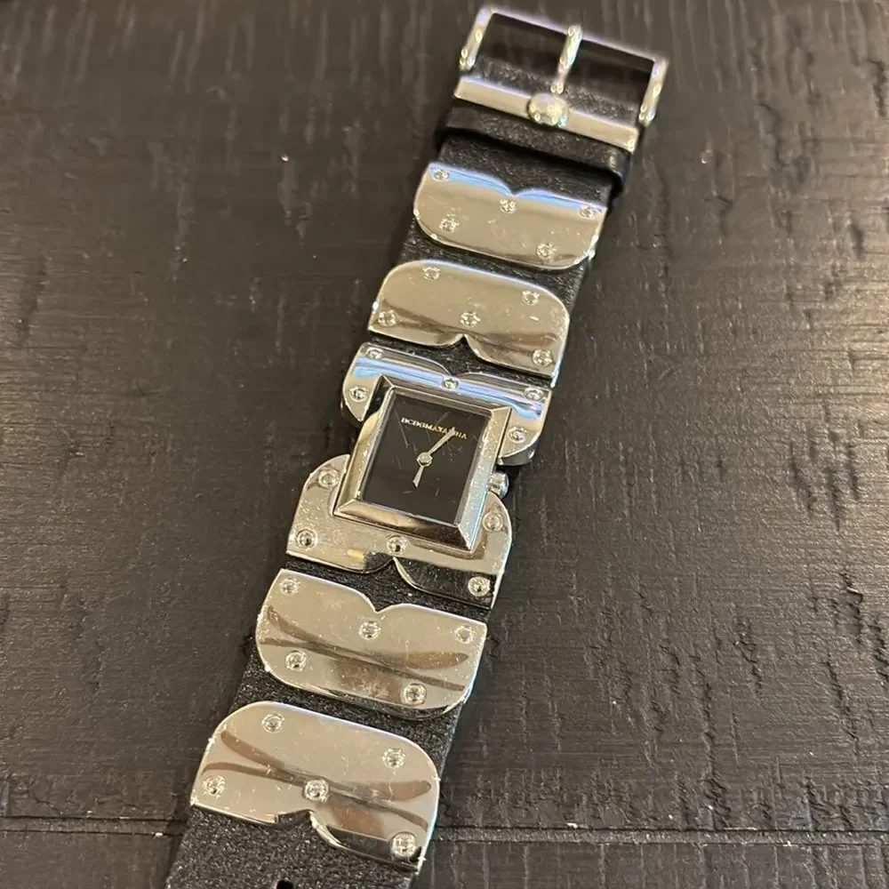 BCBGMaxazria Black Leather Stainless Steel Rocker Watch *needs battery​